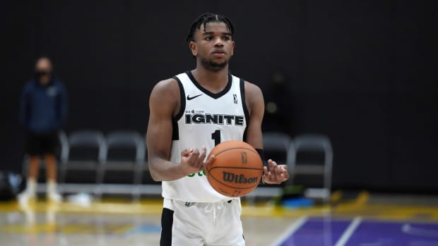 G League Ignite guard Jaden Hardy (1) reacts against the South Bay Lakers at UCLA Health Training Center.